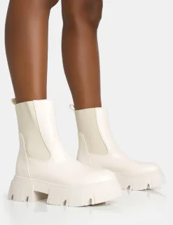 Clearance Edgy Cream Pu Elasticated Ankle Rounded Chunky Sole Ankle Boots Chunky Boots | Ankle Boots