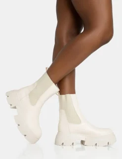 Clearance Edgy Cream Pu Elasticated Ankle Rounded Chunky Sole Ankle Boots Chunky Boots | Ankle Boots