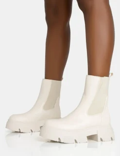 Clearance Edgy Cream Pu Elasticated Ankle Rounded Chunky Sole Ankle Boots Chunky Boots | Ankle Boots