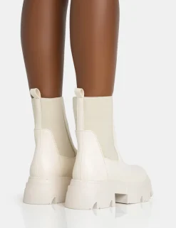 Clearance Edgy Cream Pu Elasticated Ankle Rounded Chunky Sole Ankle Boots Chunky Boots | Ankle Boots