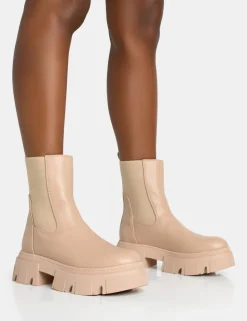Outlet Edgy Taupe Pu Elasticated Ankle Rounded Chunky Sole Ankle Boots Chunky Boots | Ankle Boots