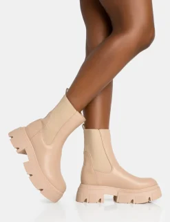 Outlet Edgy Taupe Pu Elasticated Ankle Rounded Chunky Sole Ankle Boots Chunky Boots | Ankle Boots