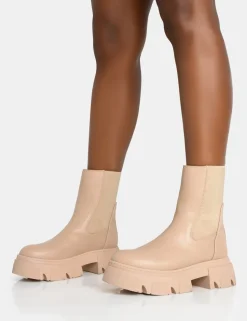 Outlet Edgy Taupe Pu Elasticated Ankle Rounded Chunky Sole Ankle Boots Chunky Boots | Ankle Boots