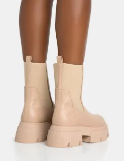 Outlet Edgy Taupe Pu Elasticated Ankle Rounded Chunky Sole Ankle Boots Chunky Boots | Ankle Boots