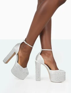 Shop Effie Silver Sparkly Diamante Block Heel Platform Court High Heels Court Heels | Diamante Heels