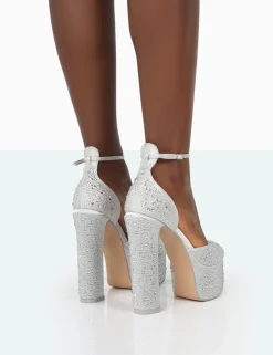 Shop Effie Silver Sparkly Diamante Block Heel Platform Court High Heels Court Heels | Diamante Heels
