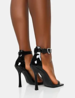 New Elora Black Patent Barely There Diamante Heart Buckle Stiletto Heels Barely There Heels | High Heels