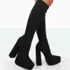 Store End Game Lycra Platform Pointed Toe Block Heel Knee High Boots Block Heels | Heeled Boots