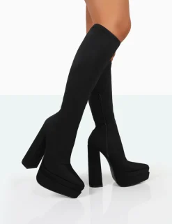 Store End Game Lycra Platform Pointed Toe Block Heel Knee High Boots Block Heels | Heeled Boots