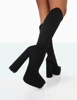 Store End Game Lycra Platform Pointed Toe Block Heel Knee High Boots Block Heels | Heeled Boots
