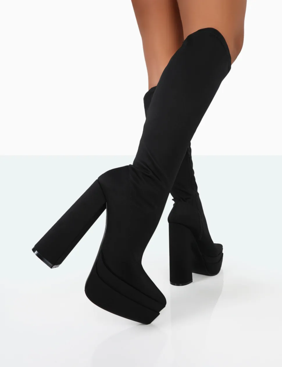 Store End Game Lycra Platform Pointed Toe Block Heel Knee High Boots Block Heels | Heeled Boots