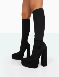 Store End Game Lycra Platform Pointed Toe Block Heel Knee High Boots Block Heels | Heeled Boots