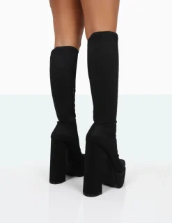 Store End Game Lycra Platform Pointed Toe Block Heel Knee High Boots Block Heels | Heeled Boots