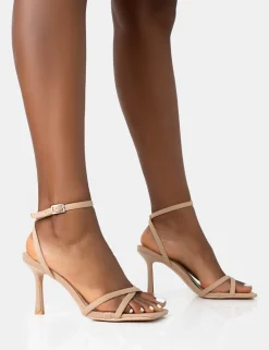 Sale Erin Camel Nylon Barely There Square Toe Mid Heels Square Toe Heels | Mid Heels