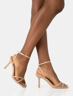 Sale Erin Camel Nylon Barely There Square Toe Mid Heels Square Toe Heels | Mid Heels