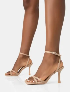 Sale Erin Camel Nylon Barely There Square Toe Mid Heels Square Toe Heels | Mid Heels