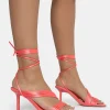 Flash Sale Esla Coral Satin Multi Strap Lace Up Square Toe Mid Stiletto Heels Pink Heels | Square Toe Heels