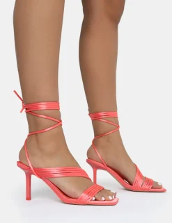 Flash Sale Esla Coral Satin Multi Strap Lace Up Square Toe Mid Stiletto Heels Pink Heels | Square Toe Heels