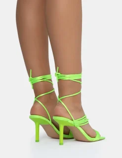 Store Esla Lime Satin Multi Strap Lace Up Square Toe Mid Stiletto Heels Square Toe Heels | Lace Up Heels