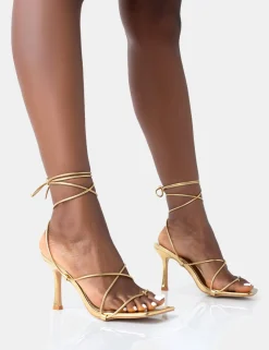 Discount Euphoria Pu Square Toe Lace Up Mid Heels Back In Stock | Gold Heels