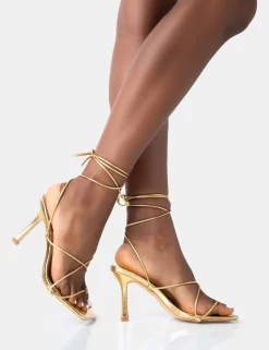 Discount Euphoria Pu Square Toe Lace Up Mid Heels Back In Stock | Gold Heels