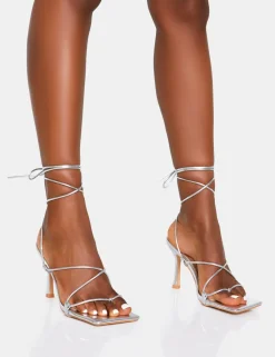 Store Euphoria Metallic Pu Square Toe Lace Up Mid Heels Silver Heels | Square Toe Heels