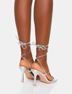Store Euphoria Metallic Pu Square Toe Lace Up Mid Heels Silver Heels | Square Toe Heels