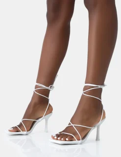 Hot Euphoria White Pu Square Toe Lace Up Mid Heels Mid Heels | Mid Heels