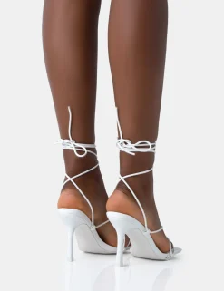 Hot Euphoria White Pu Square Toe Lace Up Mid Heels Mid Heels | Mid Heels