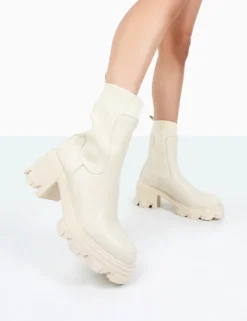 Clearance Everdeen Ecru PU And Knit Chunky Heeled Platform Sock Ankle Boots Sock Boots | Ankle Boots