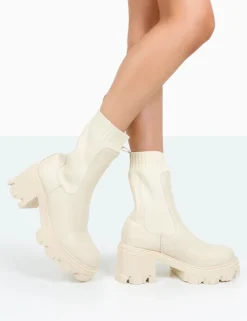 Clearance Everdeen Ecru PU And Knit Chunky Heeled Platform Sock Ankle Boots Sock Boots | Ankle Boots