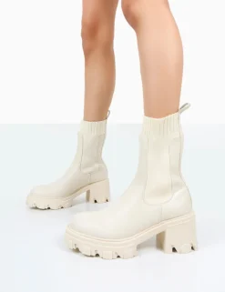 Clearance Everdeen Ecru PU And Knit Chunky Heeled Platform Sock Ankle Boots Sock Boots | Ankle Boots