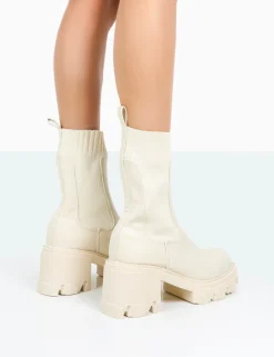 Clearance Everdeen Ecru PU And Knit Chunky Heeled Platform Sock Ankle Boots Sock Boots | Ankle Boots