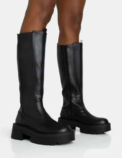 Store Evergreen Pu Wide Fit Knee High Elasticated Detail Chunky Heeled Sole Boots Knee High Boots | Long Boots