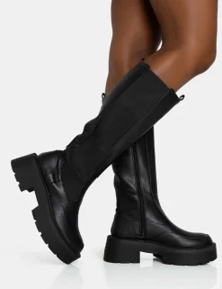 Store Evergreen Pu Wide Fit Knee High Elasticated Detail Chunky Heeled Sole Boots Knee High Boots | Long Boots