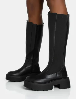 Store Evergreen Pu Wide Fit Knee High Elasticated Detail Chunky Heeled Sole Boots Knee High Boots | Long Boots