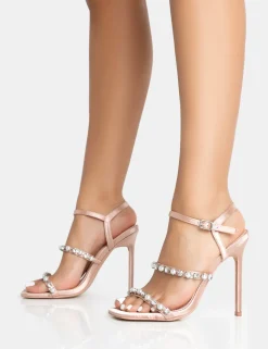 Cheap Evia Blush Satin Pearl Barely There Square Toe Stiletto Heels Barely There Heels | Pink Heels