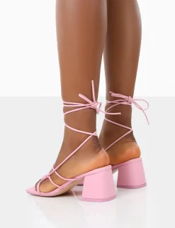 Cheap Fanatic Baby PU Square Toe Lace Up Block Mid Heeled Sandals 3" Heels | Pink Heels