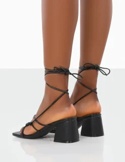 Online Fanatic PU Square Toe Lace Up Block Mid Heeled Sandals 3" Heels | Square Toe Heels