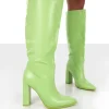 Sale Far Away Lime Grain PU Square Toe Knee High Block Boots Heeled Boots | Knee High Boots