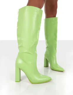 Sale Far Away Lime Grain PU Square Toe Knee High Block Boots Heeled Boots | Knee High Boots