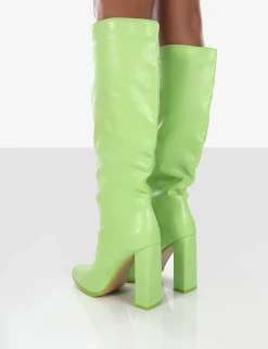 Sale Far Away Lime Grain PU Square Toe Knee High Block Boots Heeled Boots | Knee High Boots