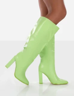 Sale Far Away Lime Grain PU Square Toe Knee High Block Boots Heeled Boots | Knee High Boots