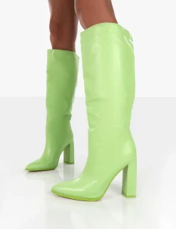 Sale Far Away Lime Grain PU Square Toe Knee High Block Boots Heeled Boots | Knee High Boots