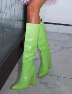 Sale Far Away Lime Grain PU Square Toe Knee High Block Boots Heeled Boots | Knee High Boots