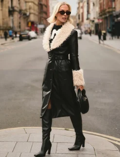 Flash Sale Faux Fur Trim Belted Faux Leather Trench Coat Outerwear & Jackets