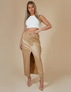 Best Faux Leather Pocket Detail Cargo Maxi Skirt Camel Sculpt & Leisure | Kaiia The Label