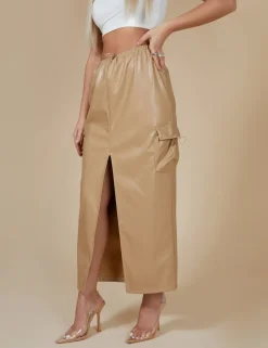 Best Faux Leather Pocket Detail Cargo Maxi Skirt Camel Sculpt & Leisure | Kaiia The Label