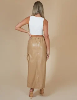 Best Faux Leather Pocket Detail Cargo Maxi Skirt Camel Sculpt & Leisure | Kaiia The Label