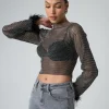 Hot Feather Cuff Detail Diamante Mesh Cropped Top Tops
